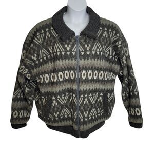 VINTAGE 90s gray fair isle sherpa lined‎ zip up sweater jacket shacket unisex L